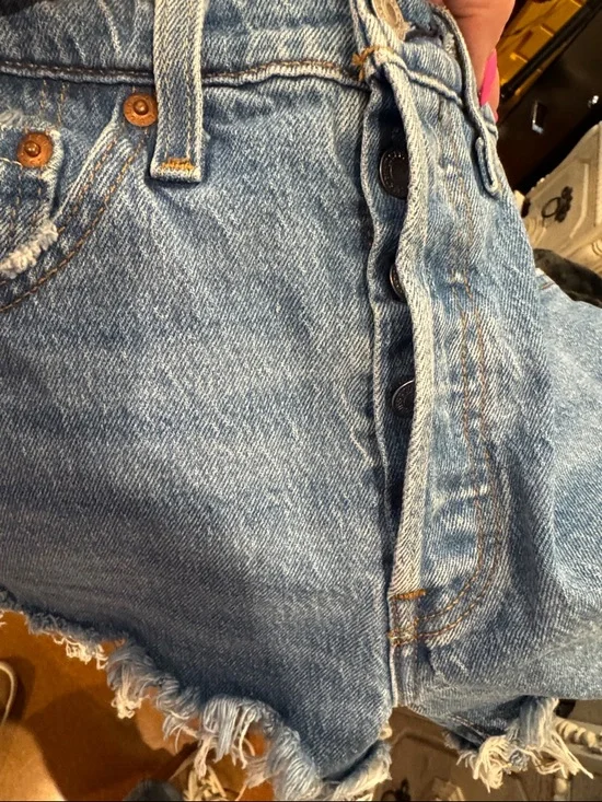 Levi's Medium Blue Frayed Denim Cutoff Shorts - Picture 7 of 7